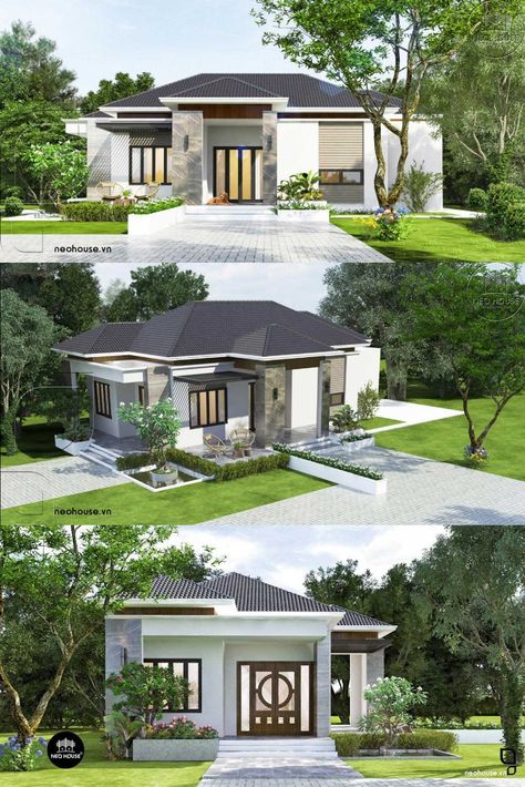 Bản vẽ thiết kế nhà cấp 4 mái thái 3 phòng ngủ Nha Cap 4 Mai Thai, Home Designs Exterior, Nha Pho, Mai Thai, Craftsman House Plans, Contemporary House Design, Craftsman House, House Designs Exterior, Home Fashion