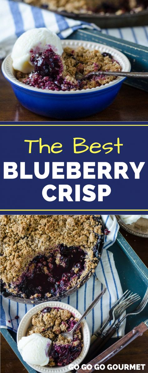 Move over Pioneer Woman, this is the BEST Blueberry Crisp recipe! Comparable to a cobbler, but with a delicious crumble on top, this dessert is perfect for summer! #bestblueberrycrisprecipe #blueberryrecipes #summerdessertrecipes #gogogogourmet via @gogogogourmet Haskap Recipes, Best Blueberry Crisp, Pomegranate Desserts, Fresh Blueberry Recipes, Blueberry Crisp Recipe, Blueberry Pies, Blueberry Desserts Recipes, Blueberry Cobbler Recipes, Blueberry Crisp