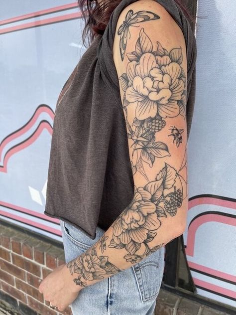 Floral Tattoo Arm Sleeve, Top Of Sleeve Tattoos For Women, Arm Tattoos Feminine, Sleeve Filler Tattoos For Women, Tattoo Sleeve Add Ons, Flower Patchwork Sleeve Tattoo For Women, Sleeve Around Existing Tattoo, Floral Tattoo Piece, Line Work Arm Sleeve