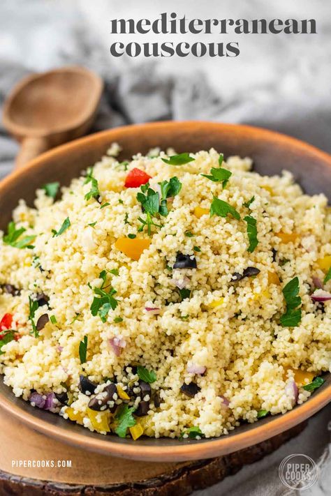 Mediterranean Couscous Salad | Flavorful and easy to make, this Mediterranean couscous salad recipe is great for summer when you want to cook inside less. This easy side dish recipe goes perfectly with backyard grilling or summer picnics. Simple Couscous Recipes, Couscous Healthy, Bean Pasta Recipes, Mediterranean Couscous Salad, Pearl Couscous Salad, Mediterranean Couscous, Couscous Salad Recipes, Mediterranean Diet Recipes Dinners, Summer Salads With Fruit