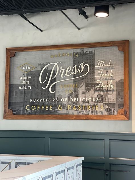 Joanna Gaines and the creative team at Magnolia came to us seeking a signage package for Magnolia Press, a coffee shop located on the same block as The Silos in Waco, TX. The challenge was to design and fabricate one-of-a-kind signage that was consistent with Joanna's signature industrial farmhouse interior design style. We were able to encapsulate that using genuine materials, such as solid copper, and traditional techniques, like hand bent channel letters. Magnolia Press Coffee Shop, Magnolia Coffee Shop, Magnolia Press, Coffee Shop Signage, Farmhouse Cafe, Farmhouse Restaurant, Ice Shop, Liberty House, Mobile Coffee Shop