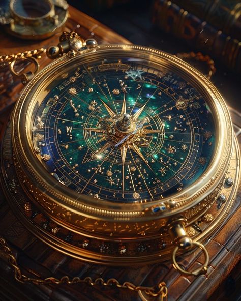 Magical Compass Art, Magical Items Aesthetic, Gold Clock Aesthetic, Vintage Clock Aesthetic, Compass Aesthetic, Time Powers, Time Travel Aesthetic, Gold Alchemy, Fantasy Clock