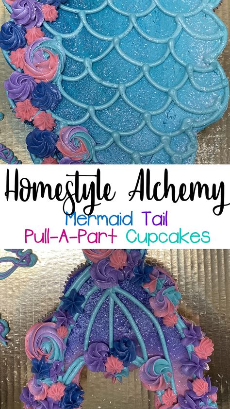 Cakes of Interest: Mermaid Tail Pull-A-Part Cupcakes - Homestyle Alchemy Homestyle Alchemy Mermaid Tail Cupcake Cake, Mermaid Cupcakes Ideas, Mermaid Tail Template, Mermaid Cupcake Cake, Pull Apart Cupcake, Cupcake Template, Mermaid Tail Cake, Diy Mermaid Tail, Beach Cupcakes