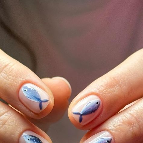 Tin Fish Nails, Nail Fish Design, Nail Art Bird, Nails With Fish Design, Sardine Nail Art, Fish Themed Nails, Fish Nail Design, Sardine Nails, Fish Manicure