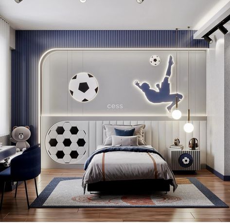 Soccer Inspired Bedroom, Youth Bedroom Design, Soccer Room Ideas For Boys, Boys Football Bedroom Ideas, Football Bedroom Ideas For Boys, Soccer Kids Room, Football Kids Room, Soccer Bedroom Ideas, Vintage Sports Bedroom