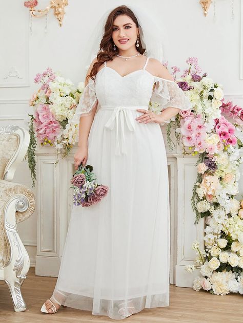 Plus Floral Embroidery Mesh Cold Shoulder Belted Wedding Dress Without Veil | SHEIN USA Cold Shoulder Wedding Dress Long Sleeve, Lace Wedding Dres, Cold Shoulder Wedding Dress, Girly Style Outfits, Cold Shoulder Lace, Simply White, Yes To The Dress, Plus Size Wedding, Wedding Dress Long Sleeve