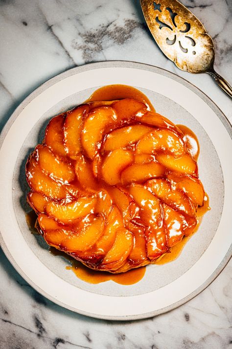 Peach Tarte Tatin | Sweet Bites | Nik Sharma Cooks Anchovy Salad, French Potatoes, Peach Tart, Peach Syrup, Peach Ice Cream, Sweet Bites, Perfect Peach, Stone Fruits, Favorite Pie