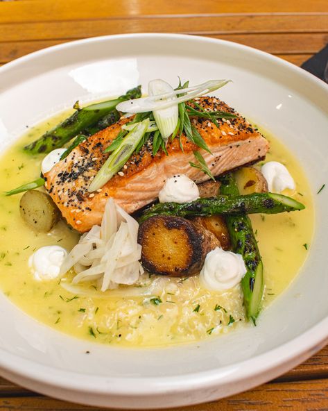 Crispy Skin | Grilled Asparagus | Fingerling Potato | Dill & Crème Fraîche Beurre Blanc | Preserved Fennel Lemon Beurre Blanc Sauce, Sauce Plating, Salmon Roasted, Norwegian Salmon, Roasted Baby Potatoes, Fingerling Potatoes, Grilled Asparagus, Baby Potatoes, Fennel