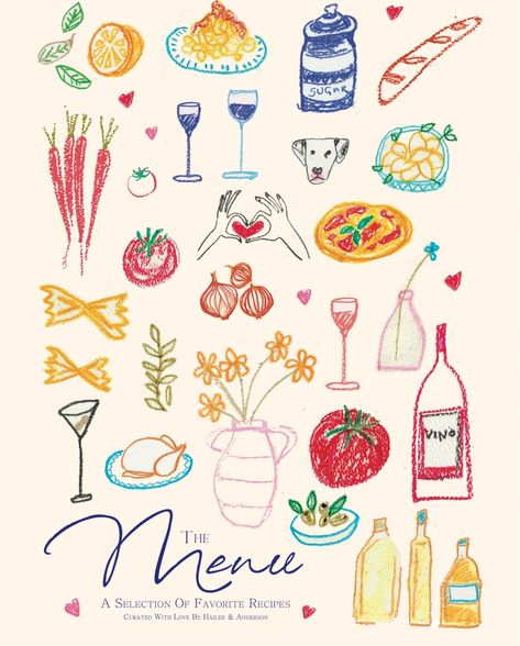 Cute Dinner Menu Design, Cooking Design Art, Cute Menus Design, Recipe Book Name Ideas, Homemade Menu Design, Recipe Book Illustration, Hand Drawn Menu Design, Cook Book Design Ideas, Cooking Book Design