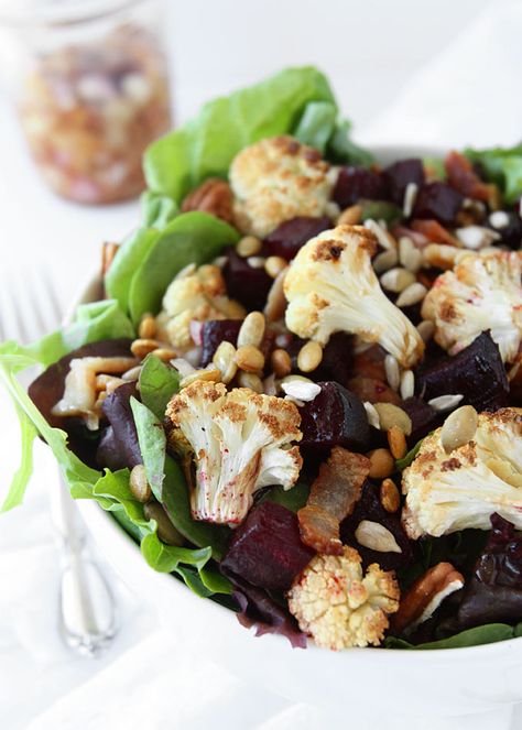 Roasted Beet, Charred Cauliflower, Seeded Salad | @thekitchenpaper | thekitchenpaper.com Beet Recipes Healthy, Power Salads, Charred Cauliflower, Mix Vegetable Recipe, Shallot Vinaigrette, Tofu Recipes Easy, Seed Salad, Power Salad, Super Salads