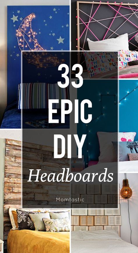 These DIY headboard ideas are so easy, anyone call pull them off!  #7 would be perfect for kids rooms. Book Headboard Diy, Cricut Headboard, Cool Headboards Diy, Tiled Headboard Ideas, Dollar Store Headboard, Redo Headboard Diy Ideas, Interesting Headboards, Dollar Tree Headboard Diy, Boys Headboard Ideas