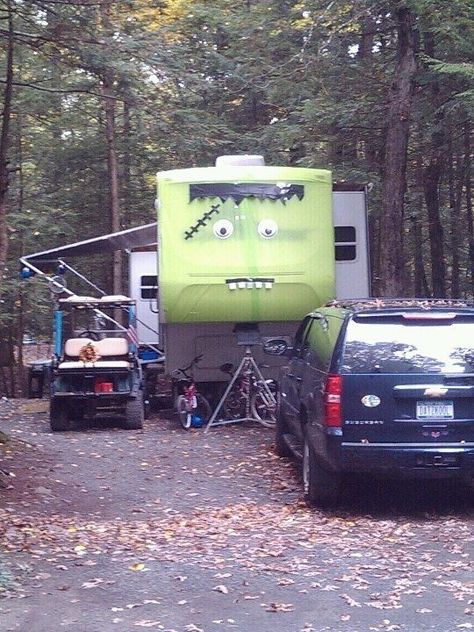 Took the front door idea one step further and decorated the front of my camper! #halloween                                                                                                                                                      More Campsite Halloween, Halloween Campsite, Rv Halloween, Camper Halloween, Halloween Camping Decorations, Camper Decorations, Halloween Camper, Campsite Decorating, Camping Decorations