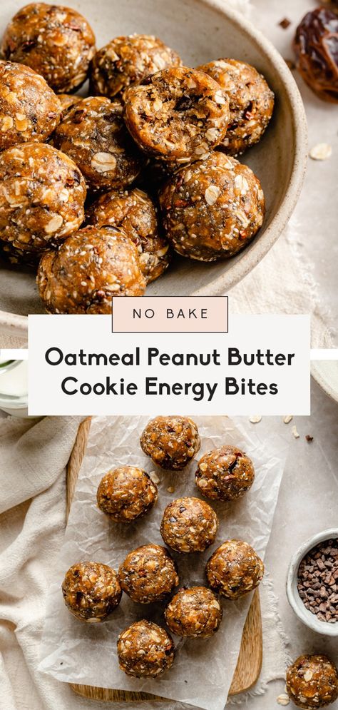 No bake oatmeal peanut butter cookie energy bites that taste just like your favorite cookie! These delicious, easy oatmeal cookie energy bites are packed with fiber and protein thanks to creamy peanut butter, oats and chia seeds. Add cacao nibs for rich chocolate flavor in every bite! #nobake #healthysnack #energybites #glutenfreesnack #kidfriendly #snackrecipe No Bake Oatmeal, Oatmeal Energy Bites, Oatmeal Peanut Butter, Oatmeal Bites, Oatmeal Cookies Easy, Peanut Butter Bites, Classic Peanut Butter Cookies, No Bake Energy Bites, Peanut Butter Cookie Dough