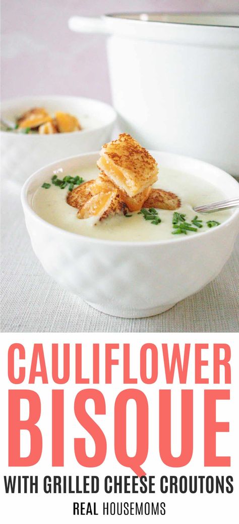 Cauliflower Bisque is my favorite for soup season! Ready in just 30 minutes, this creamy soup is topped with the cheesiest croutons ever! Cauliflower Bisque Soup, Cauliflower Bisque, Hosting Recipes, Cheesy Croutons, Soup Night, Classy Food, Bisque Soup Recipes, Grilled Cheese Croutons, Bisque Soup