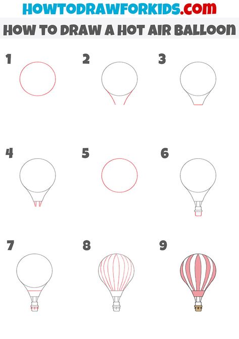 How To Draw Hot Air Balloon Step By Step, How To Paint Hot Air Balloons, Air Ballon Draw, How To Draw A Hot Air Balloon Easy, Easy Hot Air Balloon Drawing, Simple Hot Air Balloon Drawing, How To Draw Hot Air Balloon, Drawing Hot Air Balloons, Hot Air Balloon Painting Easy