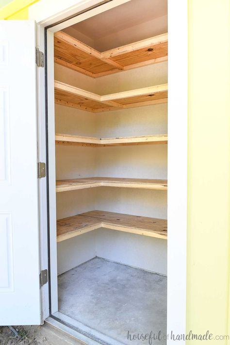 Closet Shelving Ideas Diy Storage, Simple Storage Shelves, Shelves In Storage Room, Hallway Closet Shelves, U Shaped Shelves In Closet, Diy L Shaped Pantry Shelves, Diy Shelfs For Closet, Shelves In Cupboard Storage Ideas, L Shaped Storage Shelves