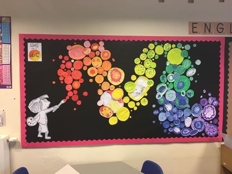 Be You Bulletin Board, The Dot Bulletin Board, Art Bulletin Boards, Classe D'art, Collaborative Art Projects, Art Classroom Decor, Murals For Kids, School Displays, The Dot