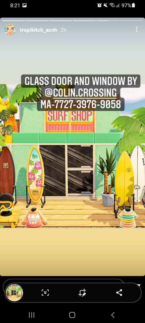 Acnh Surf Shop, Acnh Beach Clothes, Cottagecore Animal Crossing, Urban Island, Glass Door Design, Animal Crossing 3ds, City Island, Sliding Door Design, Tropical Outfit