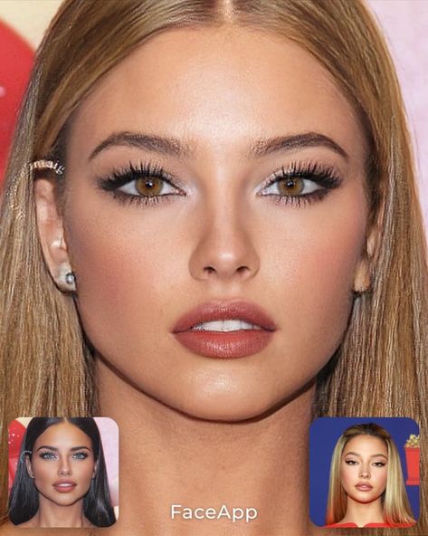 Small Facial Features, Celebrity Mashup Faces, Adriana Lima X Madelyn Cline, Celebrity Morphed Faces, Celebrities Mixed Faces, Morphed Faces Celebrities, Small Forehead Aesthetic, Face Morph Celebrity, Celebrity Face Morph