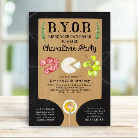 "Charcuterie Board Party Invitation, Birthday Party, Holiday Party, Bring a Board Night Party Invite, Hen's Night, Girls Night PRINTABLE EDITABLE DIGITAL TEMPLATE 321 💥 DEMO LINK - TRY BEFORE YOU BUY! 💥 Copy and paste this link into your web browser: https://www.corjl.com/d/2I50FM This is an editable invitation that YOU personalize and edit through Corjl.com What is CORJL?  Our fully customizable template editor that allows you to personalize your invitation directly in your web browser or mobile device (text only). No software to install or fonts to download. 🚫Do not log in with Apple ID, as this will cause problems receiving the files.  Use your current email address. _ _ _ _ _ _ _ _ _ _ _ _  WHAT YOU GET ✔ 5x7\" Digital template - Final design can be saved as a single JPG, PDF, or a Bring Your Own Board Party Invitation, Charcuterie Party Invitations, Bring Your Own Charcuterie Board Party Invitation, Charcuterie Board Party Invitation, Board Night Party, Bring A Board Night, Board Party Invitation, Bring A Board, Charcuterie Board Party