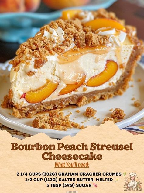 Very easy cooking recipes | Bourbon Peach Streusel Cheesecake combines the flavors of peaches, bourbon, brown sugar, and cinnamon in a creamy, delicious cheesecake, making it a p... | Facebook Bourbon Bacon Cheesecake, Bourbon Peach Cheesecake, Peaches Cheesecake, Bourbon Peach Pie, Bourbon Cheesecake, Bacon Cheesecake, Peach Cobbler Cheesecake Recipe, Peach Streusel, Cheesecake Flavors