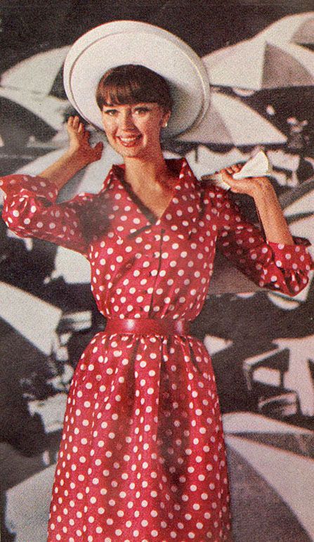 Ladies Home Journal - May, 1964 Red and white polka dot dress with white hat. Red Polka Dot Dress Vintage, 1960s Fashion Women, 1969 Fashion, American Dress, Retro Fashion Women, Fashion Decades, White Polka Dot Dress, Fashion 1960s, Swinging Sixties