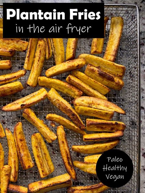 These easy garlic plantain fries are made in the air fryer. These baked plantains are crisp on the outside and soft in the center. They are seasoned with salt & garlic. #plantains #plantainfries #paleo Plantain Fries Air Fryer, Air Fryer Plantain Chips, Plantain Recipes Air Fryer, Gourmia Recipes, Air Fryer Plantains, Plantain Fries, Baked Plantains, Air Fryer Garlic, Vegan Paleo Recipes