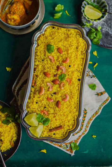 Bengali basanti pulao served in a tasty on the table Basanti Pulao, Sweet Rice Recipe, Bengali Lunch, Vegetarian Indian Recipes, Bengali Cuisine, Assorted Nuts, Whole Spices, Sweet Rice, Pulao Recipe