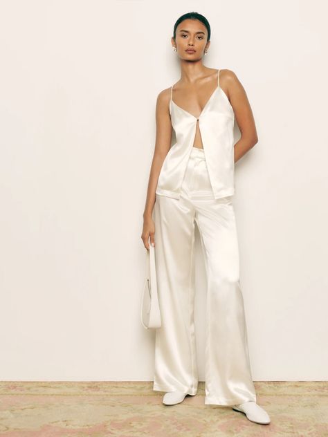 Wedding & Party Dresses | Sustainable Bridal | Reformation Wedding Dress Jumpsuit, Sustainable Wedding Dress, Pant Top, Silk Pant, Loose Fitting Pants, Bachelorette Outfits, Silk Set, Silk Outfit, Bridal Event