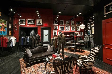 JOHN VARVATOS TORONTO Rock N Roll Living Room, Rock And Roll Room, Magical Spaces, Bar Casa, Rock Room, Dark Basement, Clothing Store Interior, Black Rooms, Nightclub Design