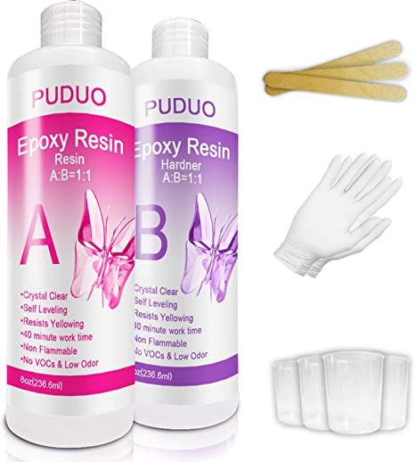 Amazon.com: Epoxy Resin Crystal Clear Kit for Art, Jewelry, Crafts, Coating- 16 OZ Including 8OZ Resin and 8OZ Hardener | Bonus 4 pcs Measuring Cups, 3pcs Sticks, 1 Pair Rubber Gloves by PUDUO Epoxy Glue, Clear Epoxy Resin, Epoxy Resin Table, Silicone Resin, Resin Jewelry Making, Rubber Gloves, Clear Epoxy, Resin Kit, Resin Casting