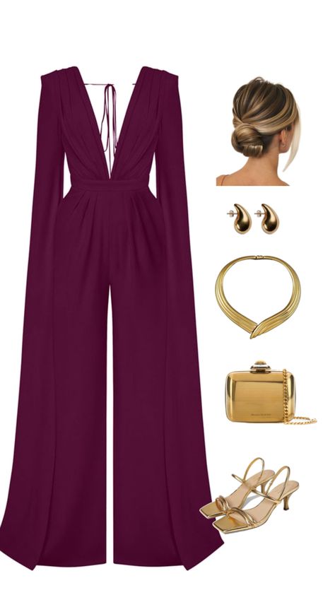 Evening jumpsuit, Alexander Macqueen bag, gold heels, low bun, gold necklace Jumpsuit Outfit Wedding Guest, Wedding Guest Jumpsuit, Jumpsuit Outfit Wedding, Ny Party, Jumpsuit Wedding Guest, Jumpsuit Wedding, Jumpsuit For Wedding Guest, Elegant Jumpsuit, Outfit Wedding