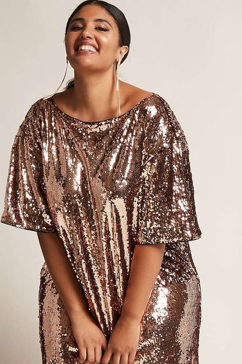 $48 FOREVER 21+ Plus Size 12x12 Sequin Dress #plussize #fashionaddict #trends #fashion #trendsetter #affilatelink Plus Size Sequin Shirt Dress, Plus Size Sparkle Dress, Plus Size Glitter Outfit, Plus Size Gold Outfit, Plus Size Sparkle Outfit, Plus Size Gold Dress, Shiny Dress Outfit, Plus Size Sequin Outfit, Plus Size Party Outfit