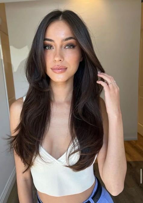 Black Medium Haircut, South Asian Haircuts, Dark Brown Long Layers, Long Haircut Fine Hair, Long Brunette Haircut, Dark Hair Hazel Eyes, Medium Length Hair With Face Framing, Long Dark Brown Hair With Layers, Dark Brown Layered Hair