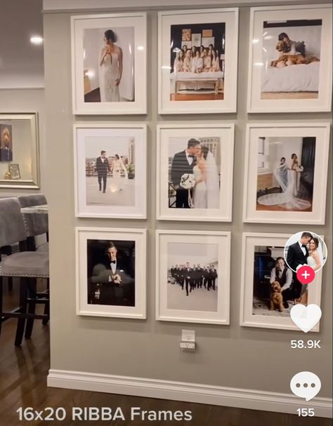 Wedding Gallery Wall Living Room, Modern Photo Collage Wall, Gallery Wall Color Photos, Hallway Wedding Picture Display, Wedding Wall Pictures Home Decor, Photo Wall Collage Living Room Modern, Wedding Photo Wall Home Living Room, Classy Picture Wall, Galary Wall Decor Living Room