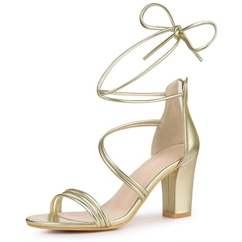 Let this strappy zipper sandal be the perfect complement to this summer and fall, with popular high heels, strappy zippers, and open toes. Well-paired with cocktail dresses and personalized sparkling earrings to complement your look. Match your clutch to your heart's content. Great to be a gift for your sisters or friends. Hoco Heels, Homecoming Accessories, Hoco Shoes, Homecoming Shoes, Heels Strappy, Gold Strappy Heels, Gold High Heels, Chunky Heel Sandals, Lace Up Block Heel