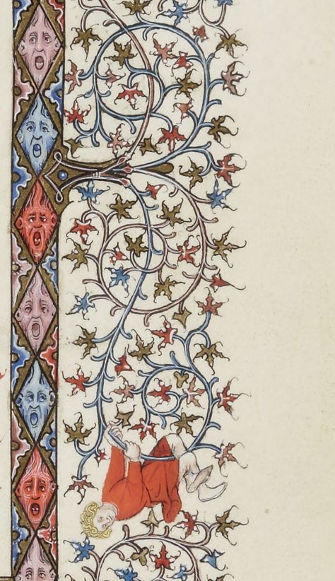 Border chant and playful youth Century: XV   http://gallica.bnf.fr/proxy?method=R&ark=btv1b8496557x.f49&l=6&r=1347,1779,1468,846 Medieval Motifs, Manuscript Art, Medieval Pattern, Medieval Drawings, Medieval Artwork, Illustrated Manuscript, Medieval Books, Medieval Paintings, Illumination Art