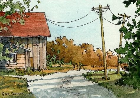 Line And Wash Watercolor Sketches, Peter Sheeler, Line And Wash Watercolor, Watercolor Barns, Watercolor Farm, Watercolor Scenery, Line And Wash, Watercolor Art Landscape, Pen And Wash