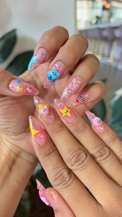 Gelx medium stiletto nails #kirby #gelxapres #stilettonail #pink Kirby Themed Nails, Amusement Park Nails, Kirby Inspired Nails, Kirby Nail Design, Video Game Nails Designs, Rosalina Nails, Princess Peach Nail Art, Kirby Nails Acrylic, Kirby Moodboard