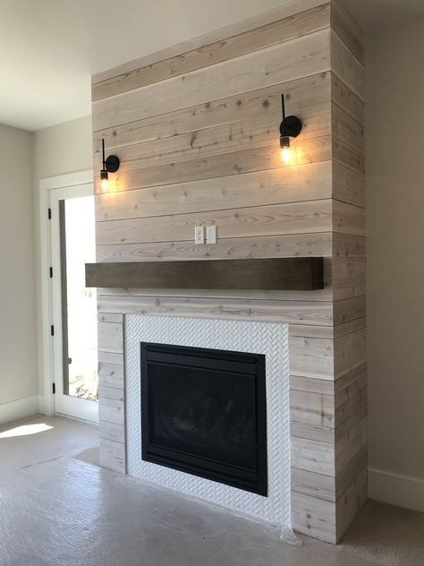 Stained Shiplap Wall With Fireplace, Farmhouse Fireplace Surround Ideas, Windows On Either Side Of Fireplace, Wood Shiplap Fireplace, Wood Fireplace Wall, Fireplace Mantel Ideas, Basement Fireplace, Mantel Ideas, Shiplap Fireplace