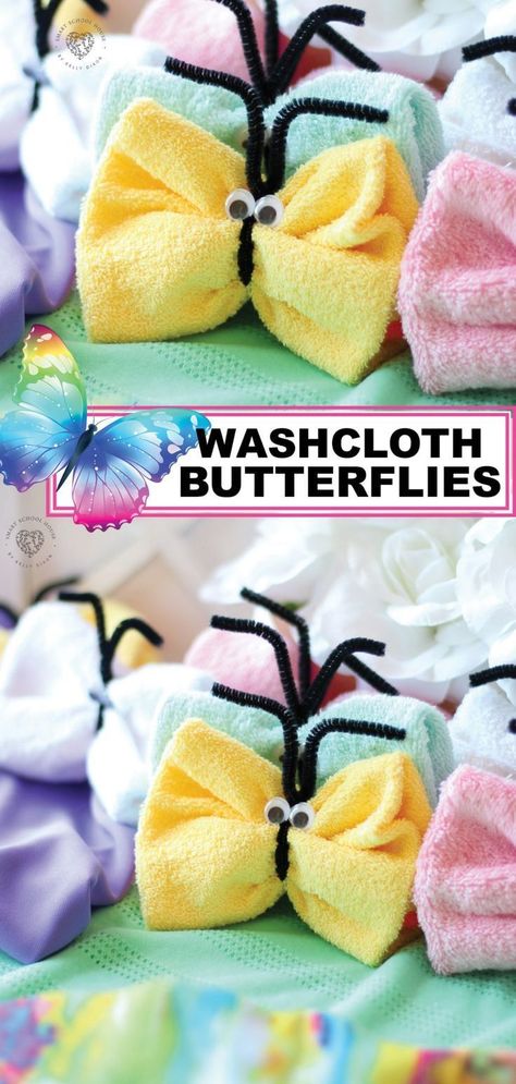 Washcloth Butterflies from Smart School House are a super-cute way to fold your washcloths! These washcloth butterflies are perfect for a whimsy decor idea or a fun craft for moms and kids! Follow this simple tutorial that walks you through these DIY washcloth butterflies! Butterflies Diy Crafts, Washcloth Butterfly, Planks Exercise, Whimsy Decor, Butterflies Diy, Cheap Diy Headboard, Washcloth Animals, Cloth Folding, Washcloth Crafts