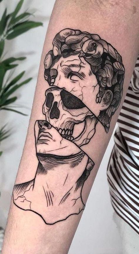 Edgy Sleeve Tattoo, Men’s Outside Bicep Tattoo, Man Tattoo Ideas Arm, Cogito Ergo Sum Tattoo, Tattoo Inspo Men, Inverted Tattoo, Inner Forearm Tattoo Men, Simple Linework Tattoos, Eldritch Tattoo