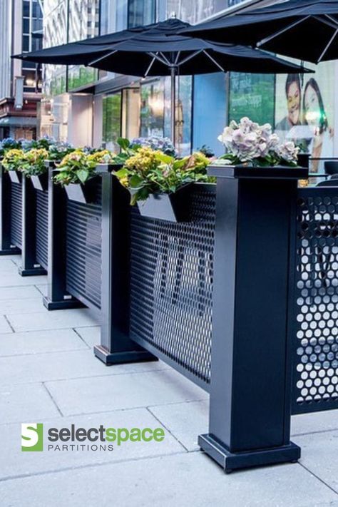 Hanging Planters and Patio Fencing Restaurant Fence Design, Restaurant Patio Fence, Restaurant Fence, Restaurant Planters, Modular Fence, Patio Fencing, James Tanner, Balance Food, Exterior Planter