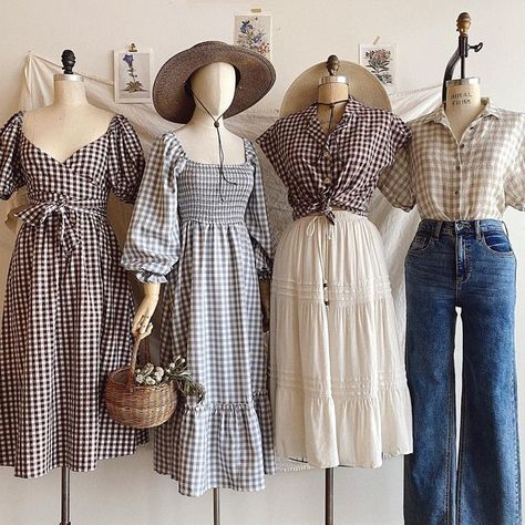 ADORED VINTAGE on Instagram: "While I adore floral prints (ditsy florals in muted colors to be more specific 😊), I also have a tender spot for gingham. Ditsy florals and ginghams are absolutely timeless in my eyes. Here are what the gals are wearing (from left to right): 🧺 Coustellet Gingham Dress Styling Idea: Wear with ballet flats and wear your hair in a braided crown for a more special occasion. 🤍 Promises Made Dress + Swayer Straw Hat Styling Idea: Wear with ankle boots and your hair i Hat Styling, Braided Crown, Boho Womens Clothing, Dress Styling, Gingham Fashion, Adored Vintage, Gingham Tops, Gingham Dress, Complete Outfits