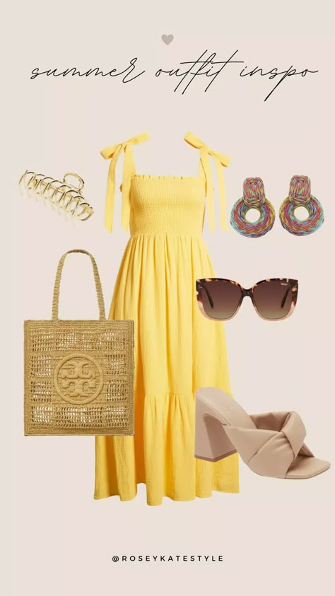 Yellow Summer Outfits Casual, Current Fashion Trends 2024 Summer, Casual Summer Dress Outfit Ideas, Yellow Summer Dress Outfit, Yellow Dress Outfit Casual, Yellow Dress Outfit Summer, Yellow Dress Outfit Classy, Yellow Summer Outfits, Yellow Maxi Dress Outfit