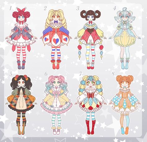 Candy Themed Outfit Drawing, Clown Drawing Reference Poses, Kawaii Clown Outfit, Clown Character Design Girl, Clown Costume Drawing, Clown Dress Drawing, Clown Outfit Ideas Drawing, Circus Outfit Drawing, Cute Jester Outfit