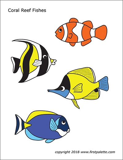 Coral Reef Fishes | Free Printable Templates & Coloring Pages | FirstPalette.com Ocean Diorama, Ocean Theme Crafts, Fish Printables, Fish Mobile, Free Printable Templates, Fish Template, Animals Printable, Fish Clipart, Animal Templates