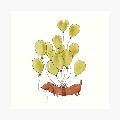 Yellow Balloons, Painting Inspo, Baby 2, Balloon Dog, Watercolor Dog, Dog Birthday, Sausage Dog, Dachshund Dog, Animal Illustration