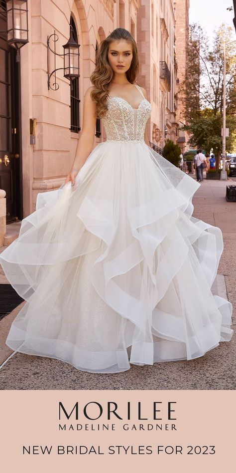 Janine wedding dress, Spring 2023 Morilee Empire Collection Style 2510 by Madeline Gardner. Wedding Dresses Fairytale, Rembo Styling, Ruffle Wedding Dress, Mori Lee, Tulle Ball Gown, Beaded Bodice, Gowns With Sleeves, Bridal Wedding Dresses, Sleek Fashion