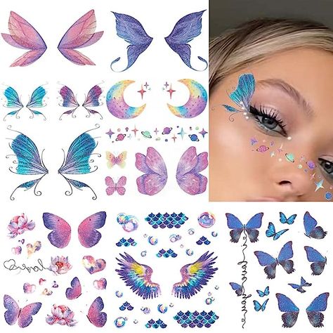 Makeup With Temporary Tattoo, Butterfly Face Stickers, Temporary Tattoo Butterfly, Glitter Tattoo Temporary, Butterfly Makeup Tattoo, Eye Makeup Stickers, Temporary Tattoo Eye Makeup, Butterfly Sticker Makeup, Butterfly Tattoo Makeup